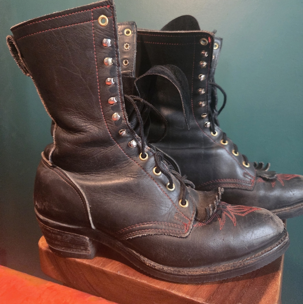 Black Leather Lace-Up Boots with Red Stitching